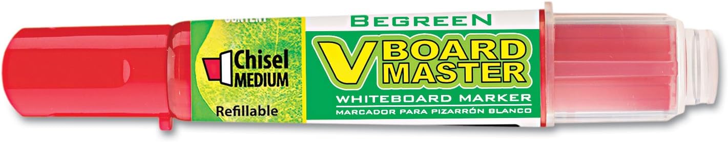 PILOT V Board Master BeGreen Refillable Dry-Erase Markers, Chisel Tip, Red Ink, 12 Count
