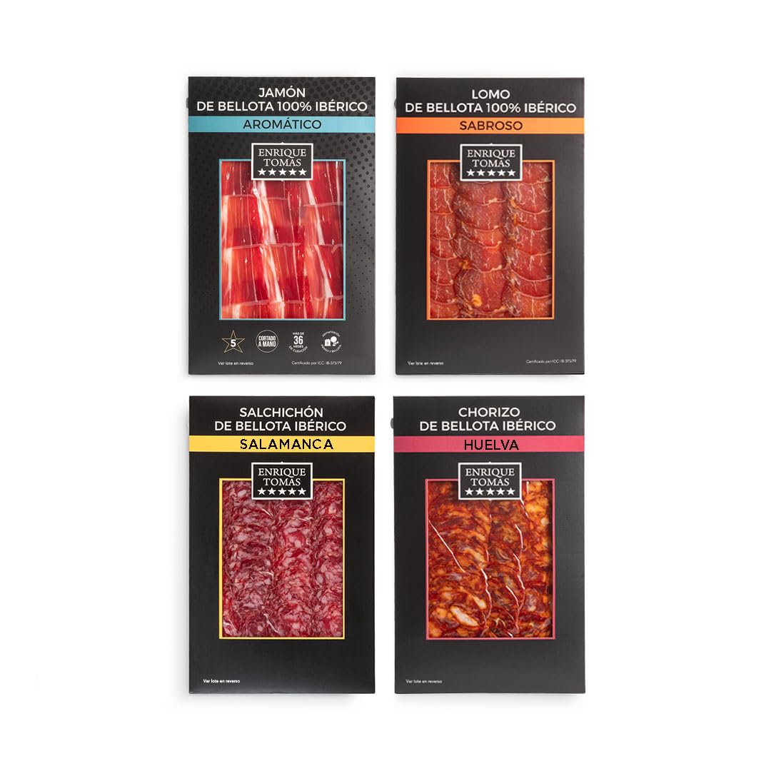 ENRIQUE TOMAS Caja Recomendada Premium Surtido de jamón y embutidos de bellota ibéricos Jamón 100% Salchichón Chorizo Lomo 100% de bellota