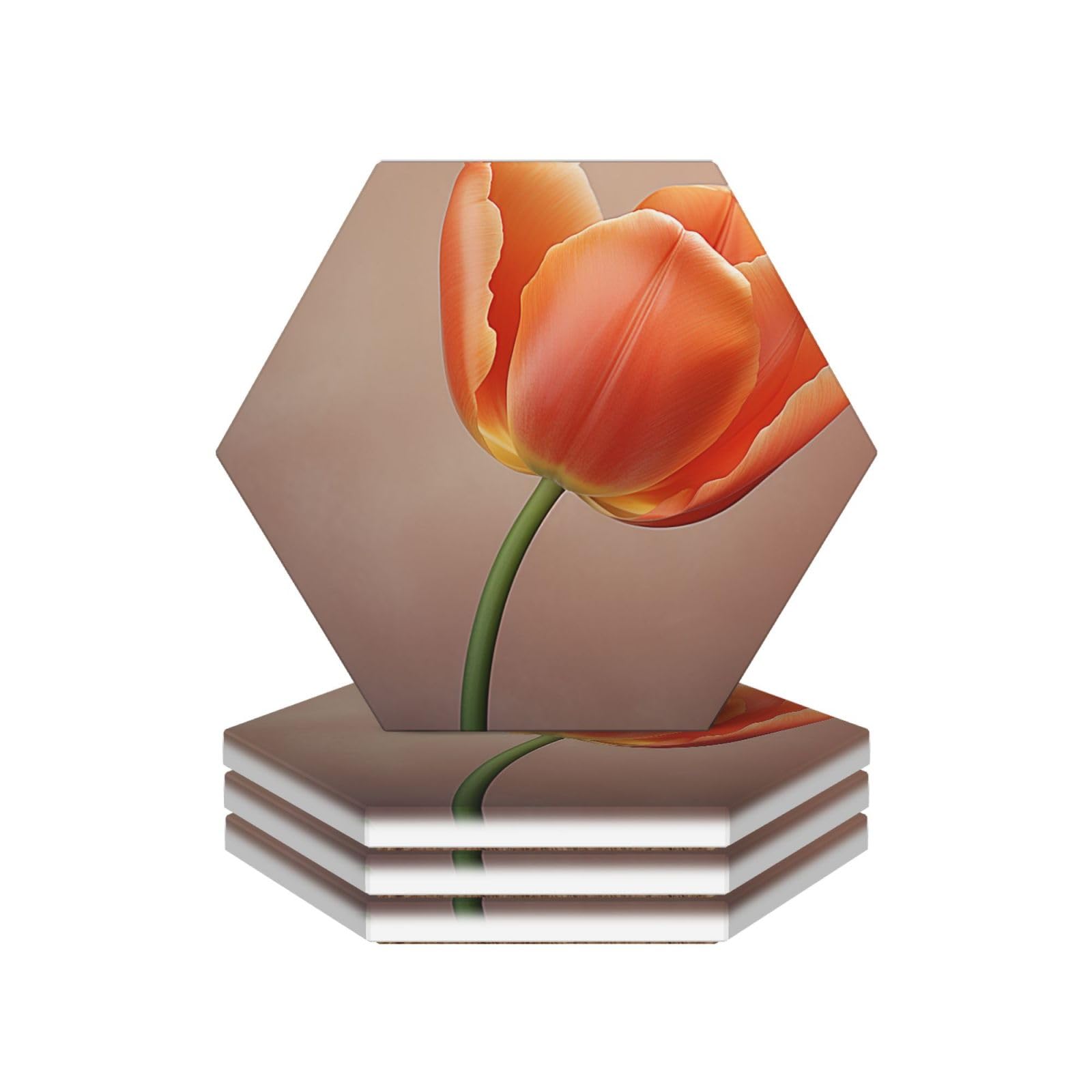 Mxzerfkgla Hexagon Drink Coasters Set Of 4 Ceramic Coaster Orange Tulip Coasters For Drinks Cups Mugs Mat Pads Absorbent Non-Slip Decorative Cup Coaster For Coffee Table Kitchen Bar Home Decor