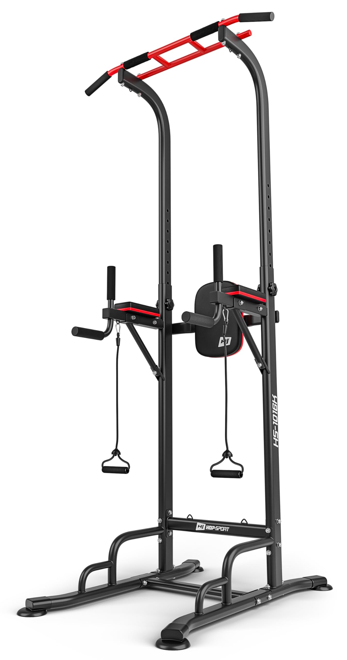HOP-SPORT® Power Tower HS-1016K avec station de dips, tour de musculation multifonction complet avec barre de traction réglable, Chaise Romaine avec poignées antidérapantes 2 extenseurs, max. 150 kg