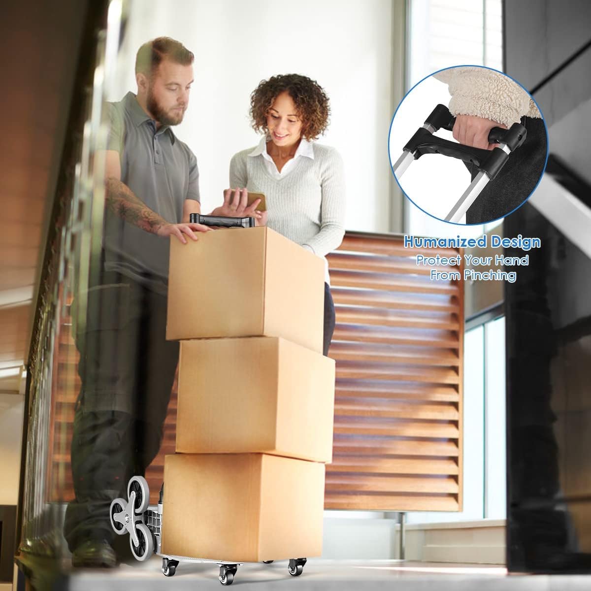 Chariot d'escalier – Diable robuste d'une capacité de 117,9 kg, chariot pliable avec poignée télescopique, 10 roues et 2 cordes élastiques pour la maison, le shopping et les déménagements