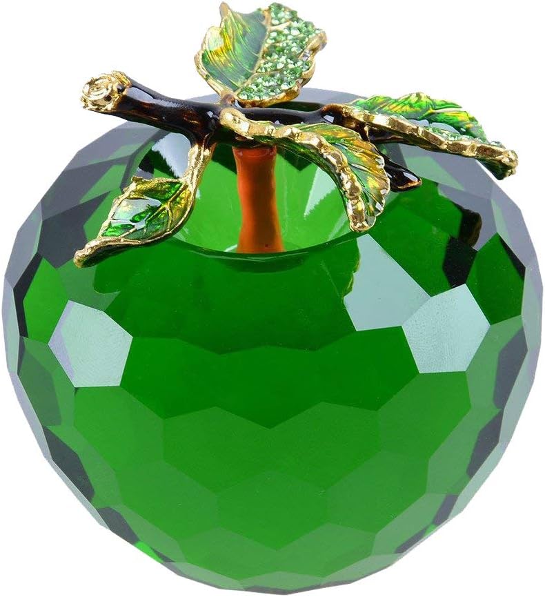 LONGWIN Faceted Crystal Apple Figurine 80mm (3.1 inch) Cut Faceted Glass Paperweight Green