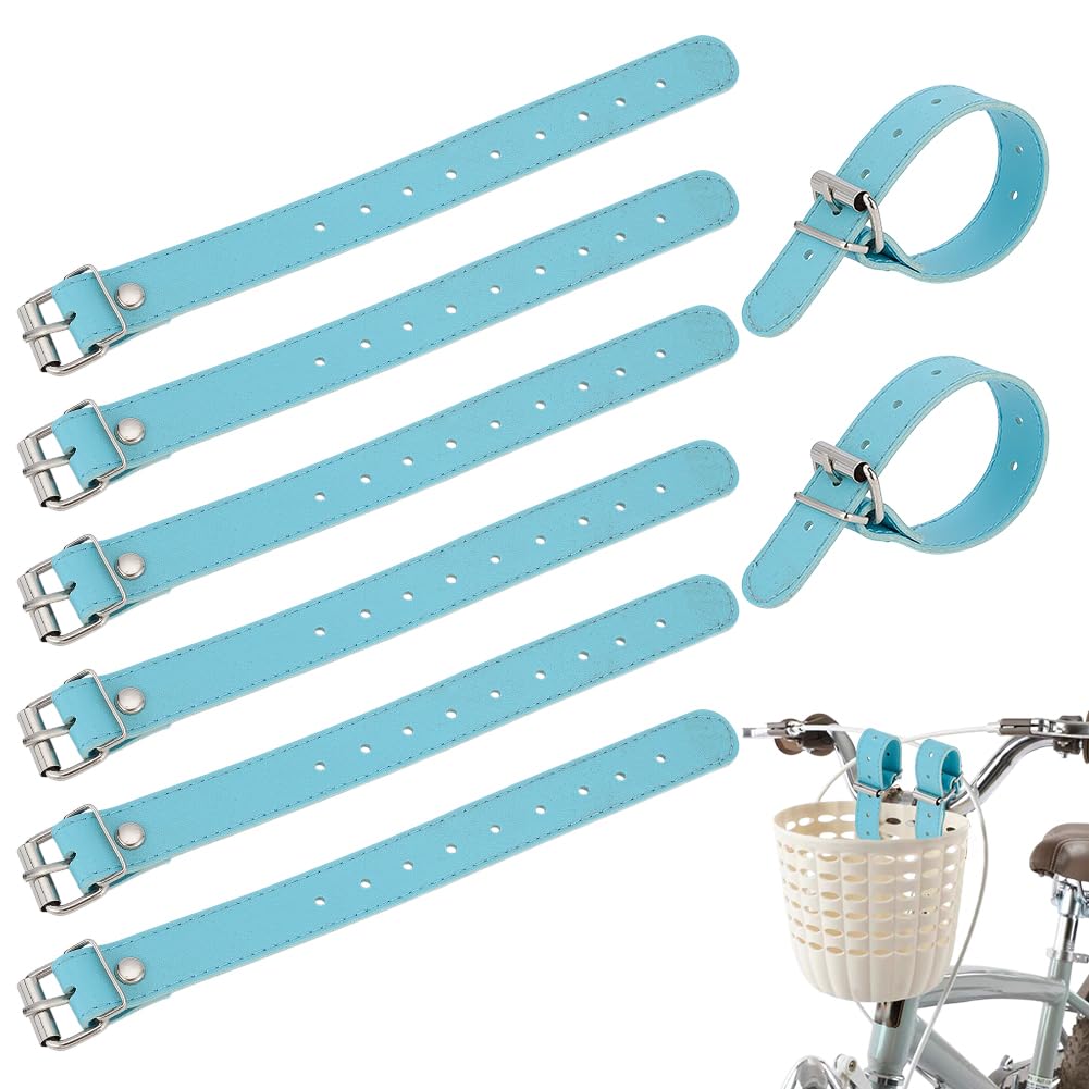 PH PandaHall 4 Pairs Bike Basket Straps, PU Leather Strap Leather Leash Bicycle Buckles Adjustable Handle Bars Strap Belt for Bike Front Basket Bicycle Basket, Light Sky Blue, 20x1.9cm
