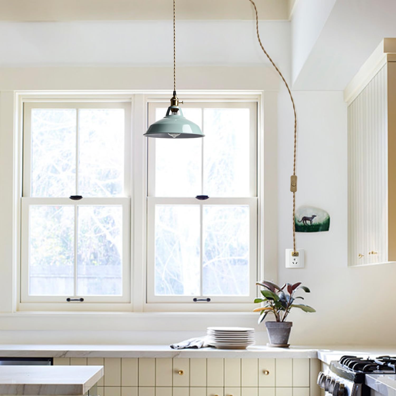 YUBOLE Modern Macaron Plug-in Plendant Light,10.6-Inch Hanging Light Fixtures with Metal Barn Shade Adjustable 17.06 Feet Plug Cord Pendant for Kitchen Bar Dining Bedroom,Sea Blue