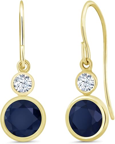 Gem Stone King Aretes colgantes de oro amarillo de 14 quilates, zafiro azul y circonita blanca para mujer (2.22 quilates, piedra natal de septiembre