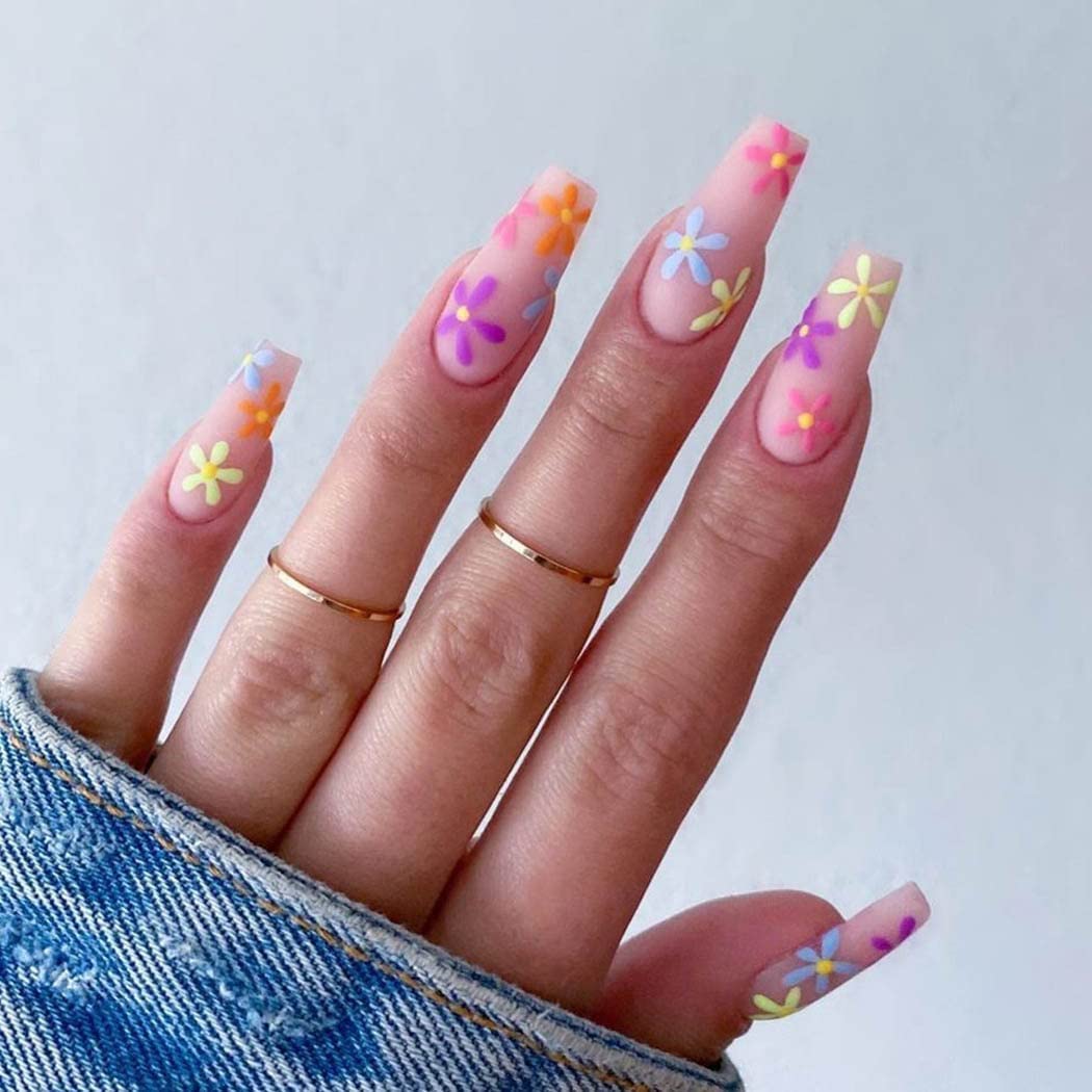 QUILBOOL Long Coffin Rainbow Glossy Press-On Nails – 12 Pcs French False Nails, Candy Color Acrylic Full Cover Tips for Women & Girls – Multicolor & Design-image-33