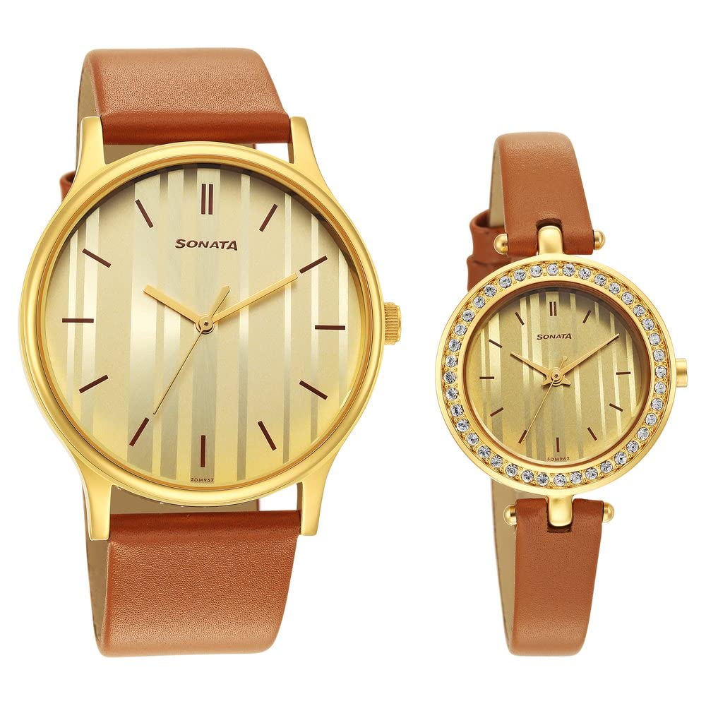 Sonata Quartz Analog Champagne Dial Leather Strap Watch for Couple-NS7710587041YL01P (B0BS3Y1Q2C) Amazon Price History, Amazon Price Tracker