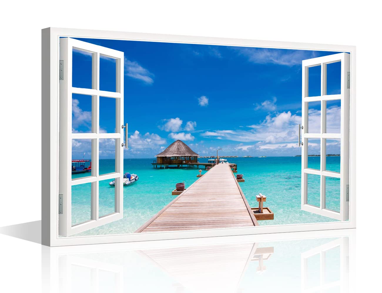 Window View Wall Decorations for Living Room Canvas Wall Art Pier to Tropical Island Vacation Getaway Outdoor Natural Scenery Canvas Wall Art Modern Home Decor Framed Ready to Hang (24"W x 16"H)