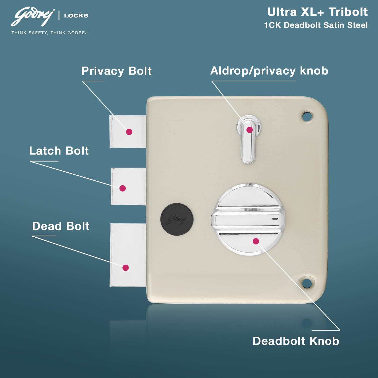 Godrej Rim Lock l Tribolt Ultra XL+ I 1CK Deadbolt l for Inside Opening, Double and Sliding Wooden Doors l Left/Right-Handed Doors l 4 Keys l 5 Year Warranty l Manual Locking I Satin Nikel Finish — Amazon image 8