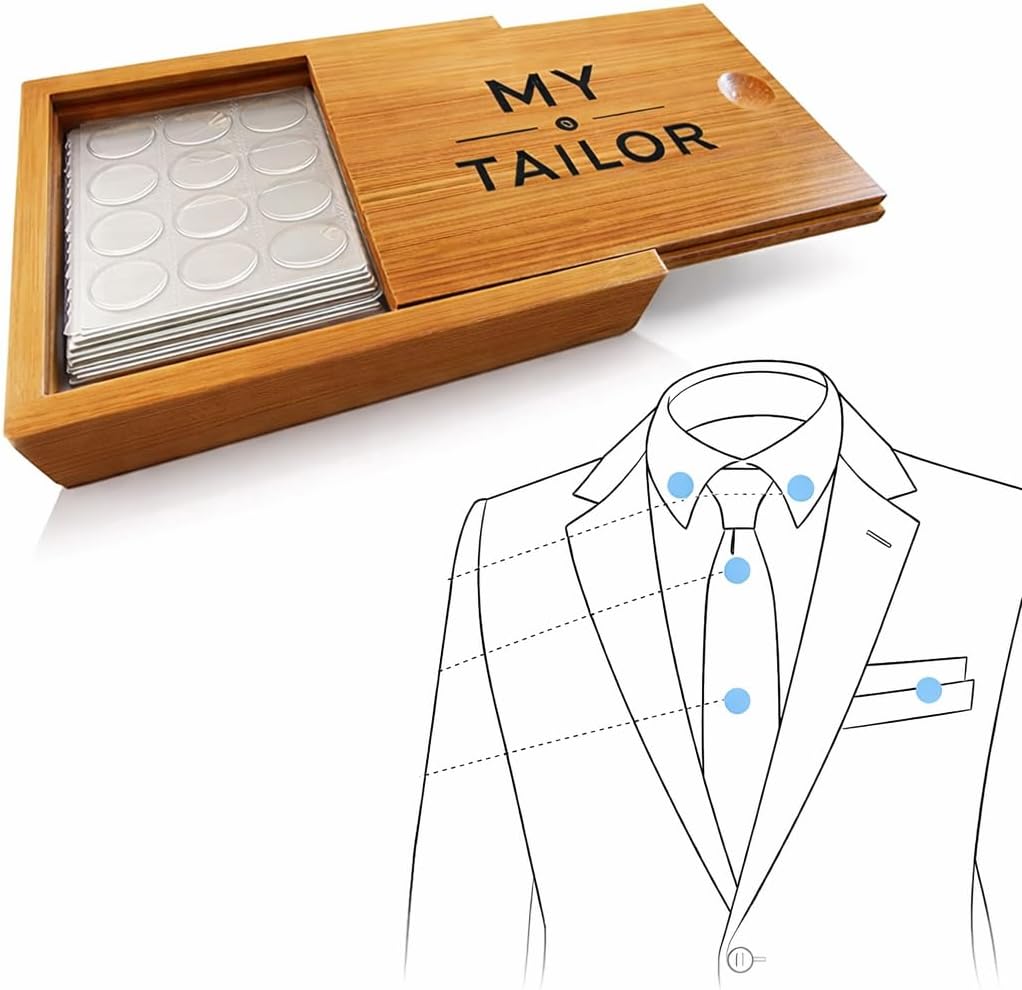 Bierstick Collar Stay Stickers for Men Women - Double Sided Fashion Tape - Shirt, Tie and Belt Anchor - Button Repair - with Magnetic Luxury Bamboo Storage Box (66 Pack)