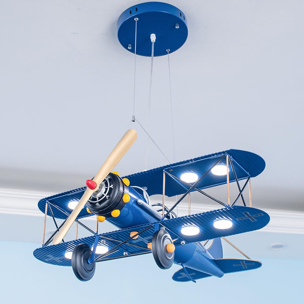 Abinlina Boys Blue Vintage Airplane Dimmable Led Ceiling Pendant Light For Kids' Bedroom - Industrial Helicopter Design(Blue)
