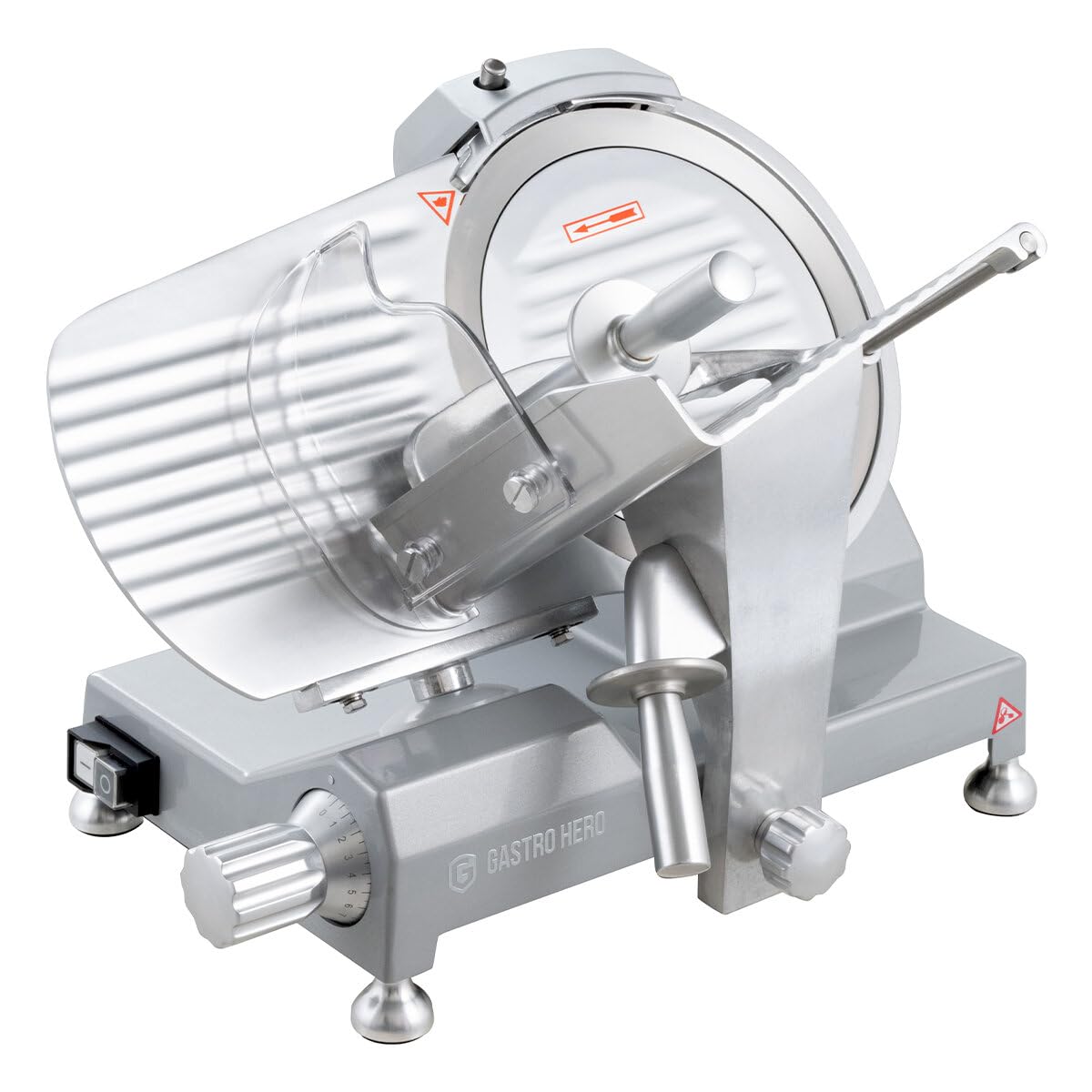 GastroHero Aufschnittmaschine 250 mm, einstellbar, Aluminium ASM250 | Wurstschneidemaschine, einstellbare Schnittstärke 0,2-12 mm, Schnittlänge 210 mm, Schrägschneider