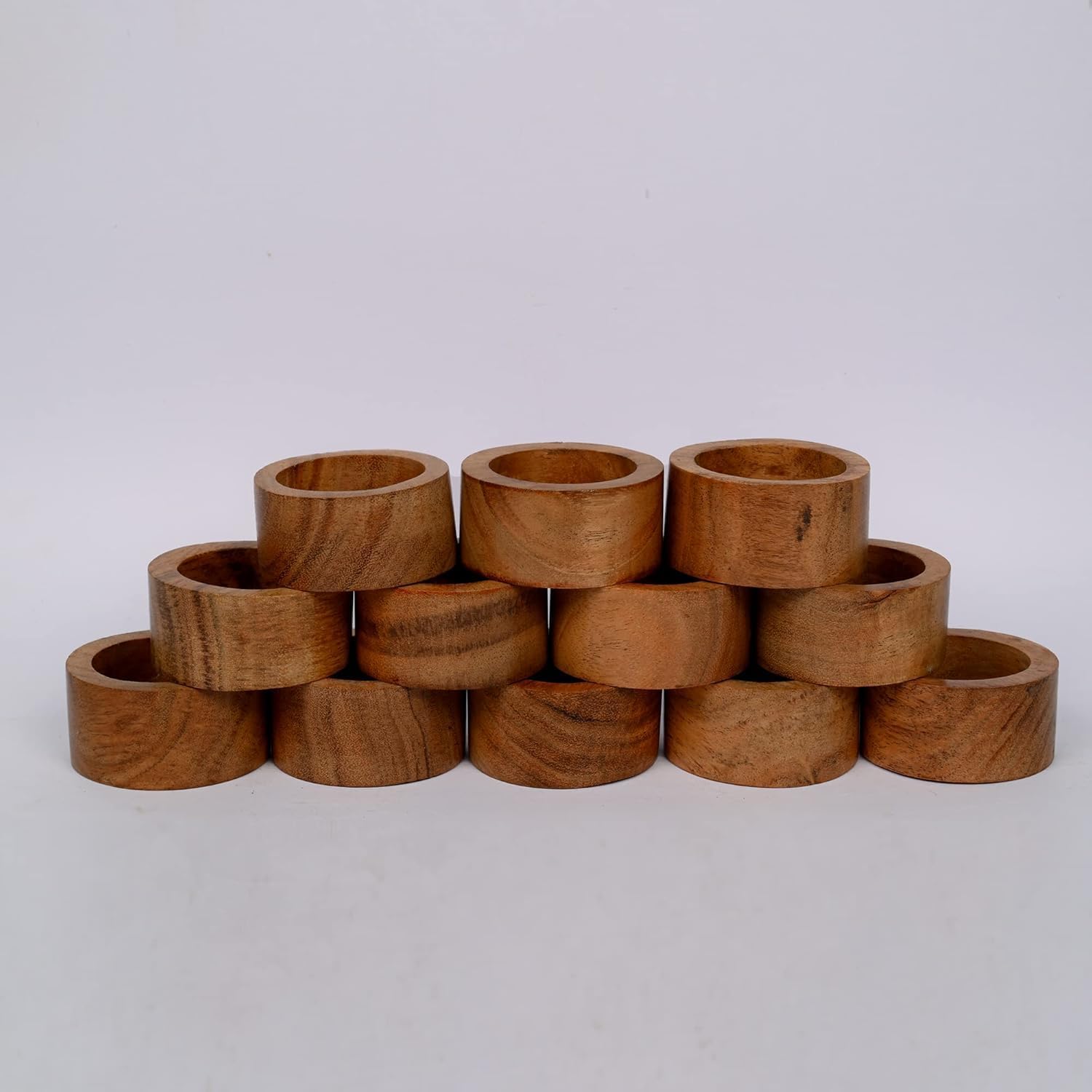 NIRMAN Acacia Wood Napkin Ring Set of 12 Natural Wooden Napkin Holders for Dinner Parties, Weddings & Everyday Table Decor (Outer 2" Inner 1.5")