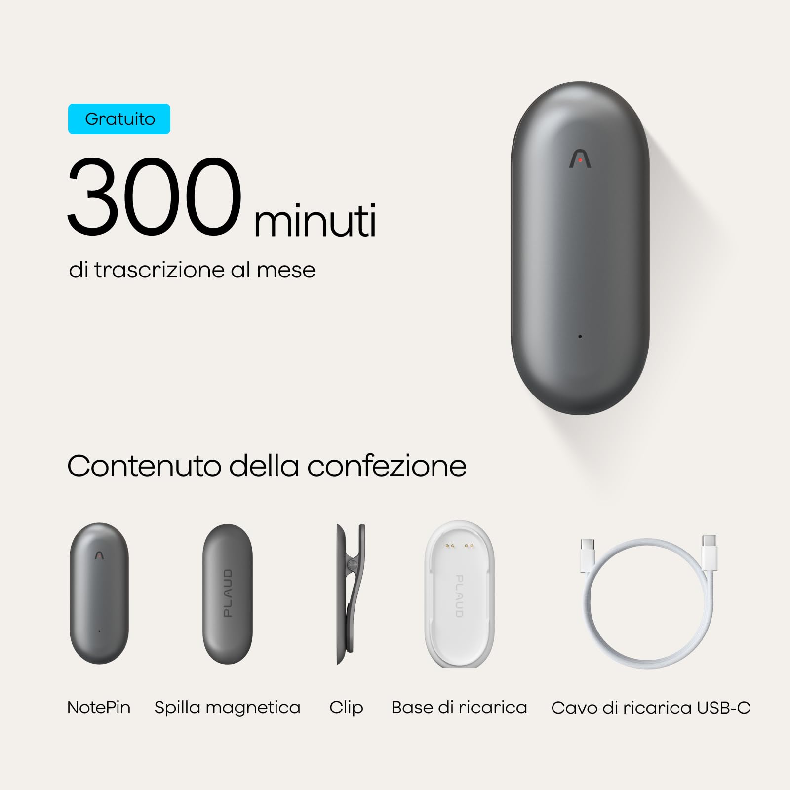 Plaud NotePin Registratore Vocale AI Professionale Audio Digitale Trascrivi Riassumi Tecnologia AI,Team Plan, Appunti Trascrizione Riepilogo per Riunioni Lezioni Colloqui, Grigio