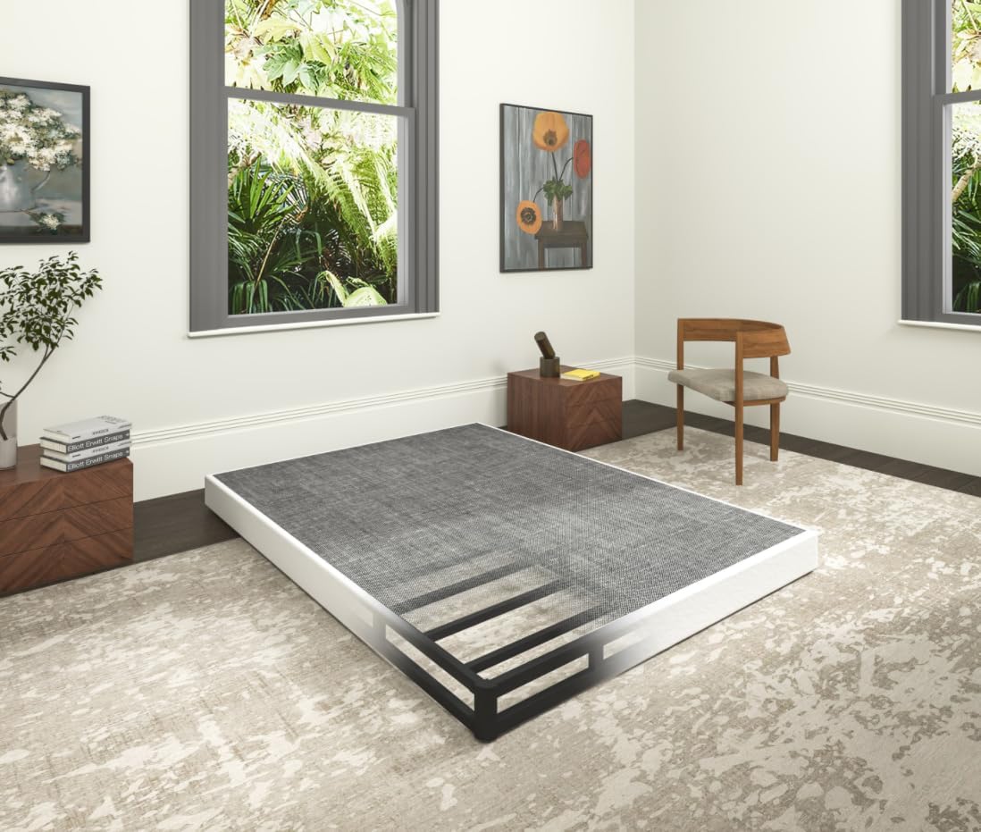 5 Inch Heavy Duty Metal Box Spring Queen Size, Low Profile Queen Mattress Foundation Bed Base, 3000 lbs Weight Capacity, Easy Assembly, Easy Clean Fabric Cover, Black
