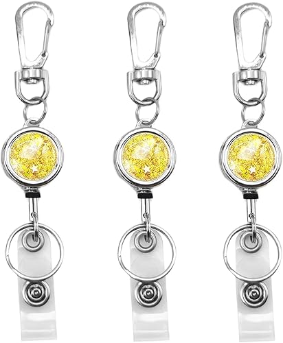Portatarjetas retráctiles de metal con purpurina dorada, para mujer, de metal, retráctil, con clip para cinturón, llavero para llavero (paquete de 3)