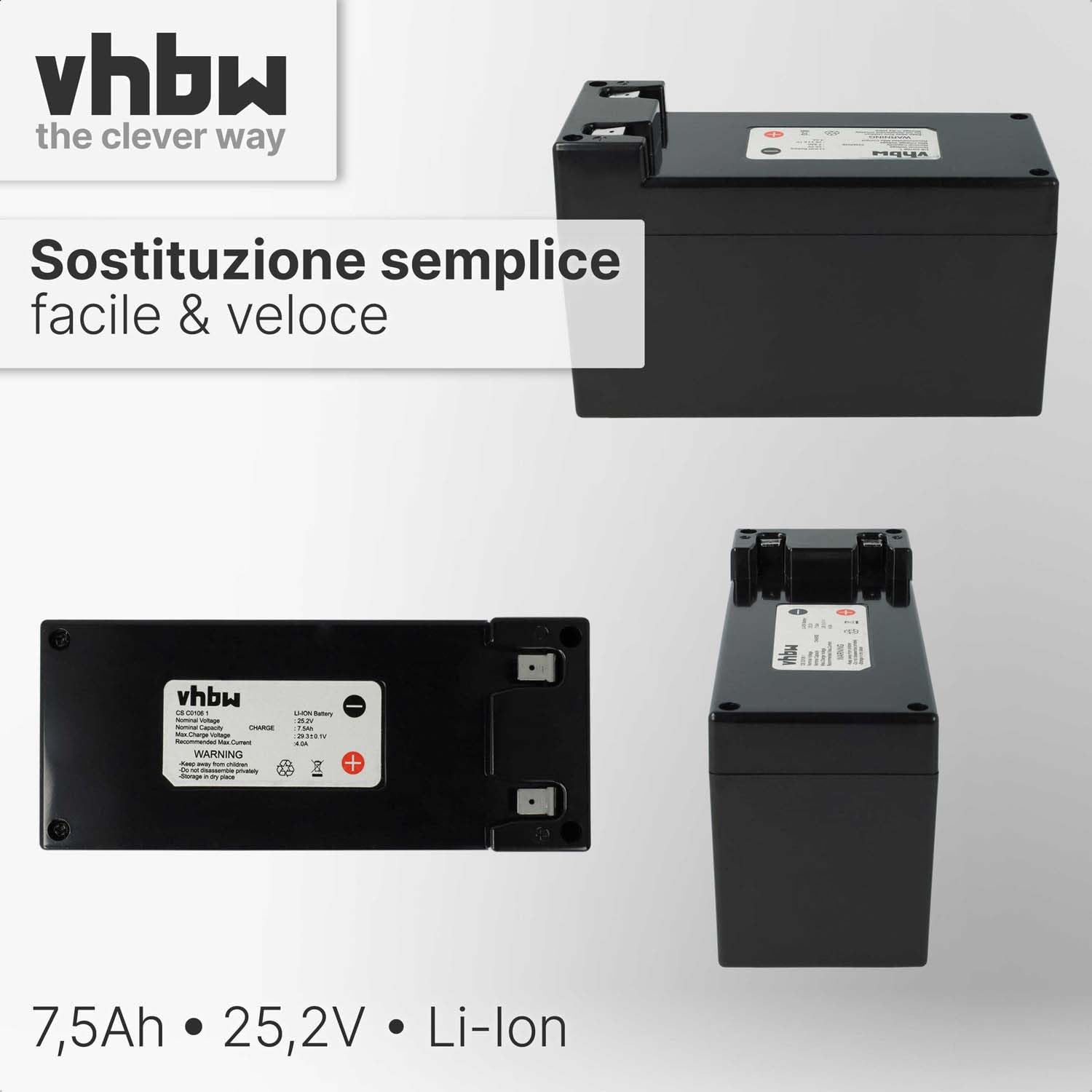 vhbw batteria sostituisce Zucchetti CS-C0106-1, CSC0106/1 per robot tagliaerba 7,5Ah 25,2V Li-Ion
