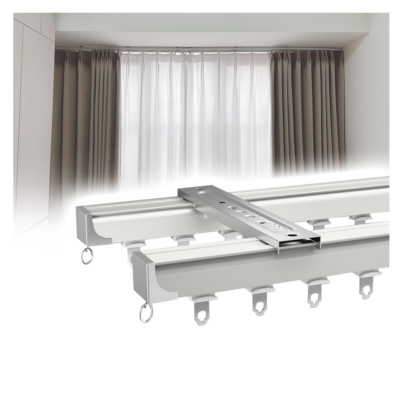 WQPMNYG Heavy Duty Bay Window Curtain Track 70630cm Adjustable Ceiling Rails with Stainless Steel Silent Rollers Double Rods for Shower & Drapes (220cm/7.2ft)