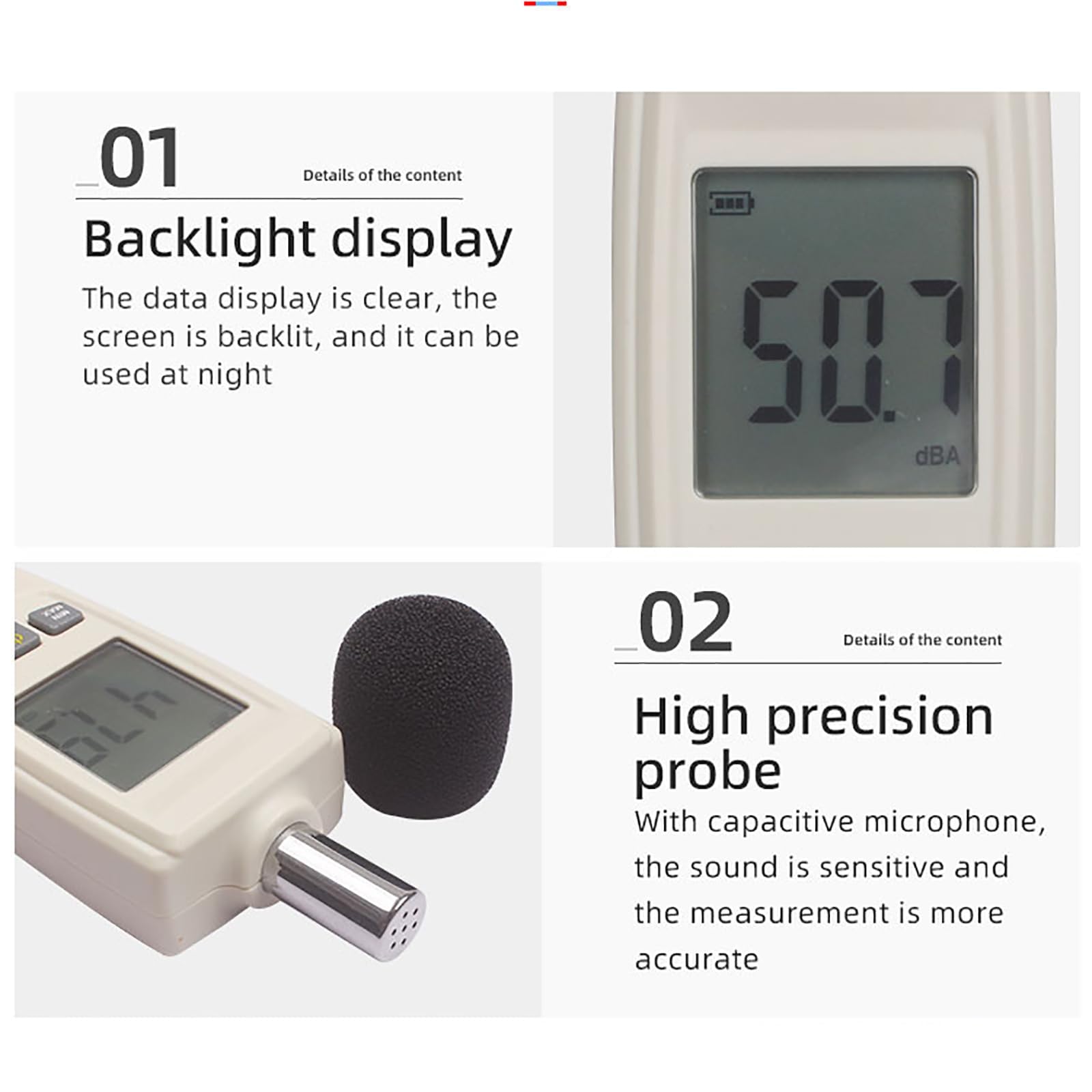 Precyzyjny miernik decybeli, miernik poziomu hałasu z funkcją podświetlenia LCD, funkcja zatrzymywania danych i alarmu, zakres pomiarowy 30-130 dB, dla rodziny ruchu w biurze fabrycznym