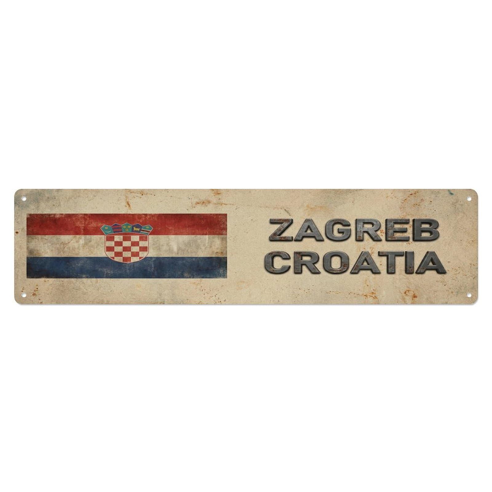 Vintage Zagreb Croatia Flag Decor Rustic Travel Metal Tin Sign