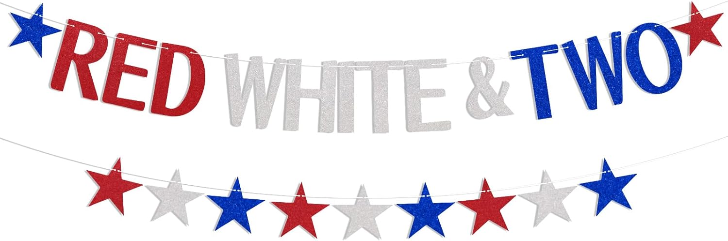 Red White And Two Birthday Banner - 4th Of July Patriotic Party Decorations With Glitter