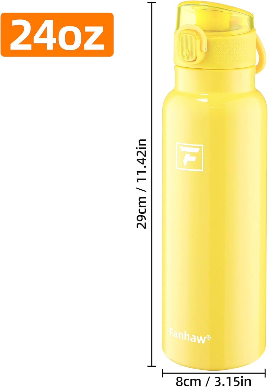 Fanhaw Daylite Series 24 oz Stainless Steel Insulated Water Bottle with Silicone Spout Lid, Double-Wall Vacuum Leakproof Metal Bottle, Anniversary Birthday Gift for Kids, Women & Men (Bright Yellow)
