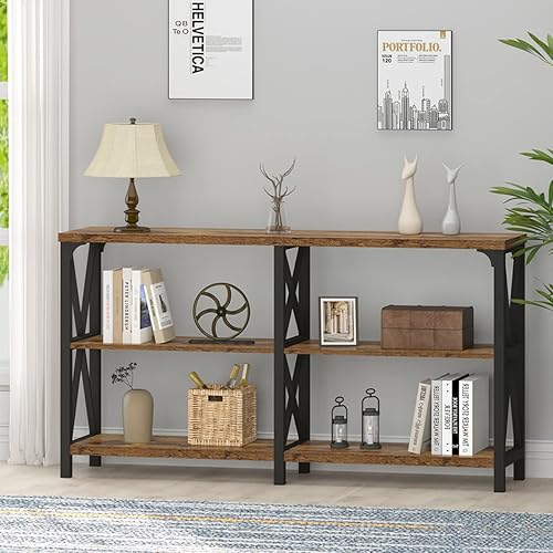 Miniatura 121 de IBF Mesa de entrada de granja, mesa consola larga rústica detrás del sofá, moderna mesa de sofá de madera de metal con estantes de almacenamiento,