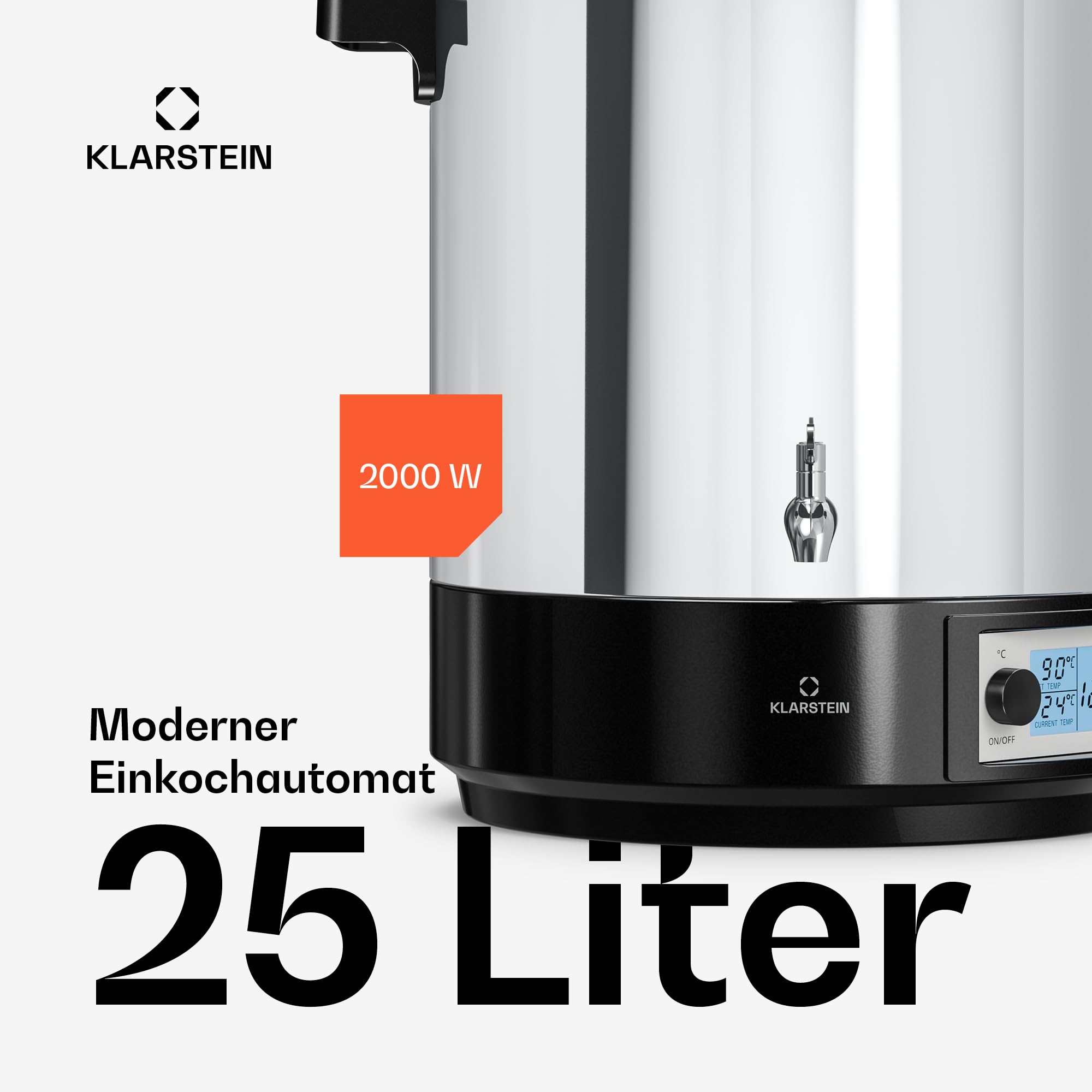 Klarstein Biggie Digitaler Einkochautomat, 25 L Edelstahl-Einkochtopf mit Edelstahlhahn & Timer, 2000 W, 30–100 °C, LCD-Display, Glühweinkocher, Einweckautomat, Heißgetränkespender