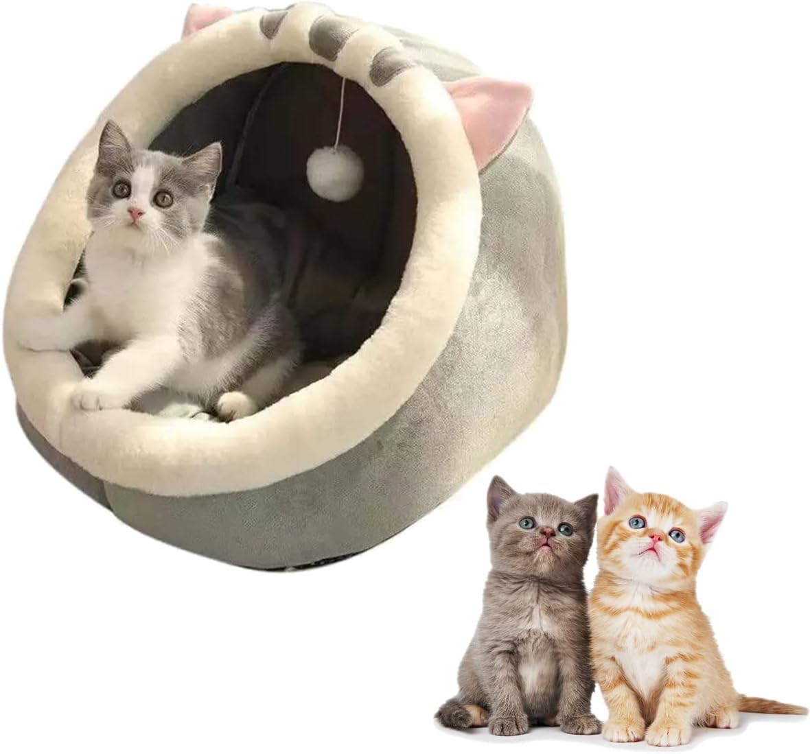 Indoor Cat Bed, 48 * 44 * 42cm Semi-Enclosed Cat Mattress Round Donut Cat House Nest with Fluffy Ball Hanging, Soft Pet Cat Cave for Cats and Small Dogs with Anti-Slip Bottom