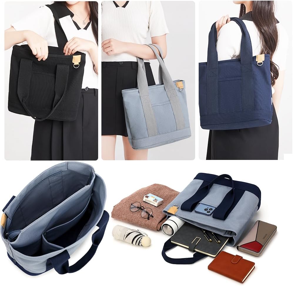 Canvas Tote Bag for Women,Shoulder Bag,Tote Bag with Zipper Canvas Handbag Travel Bags with Keychain - Image 5