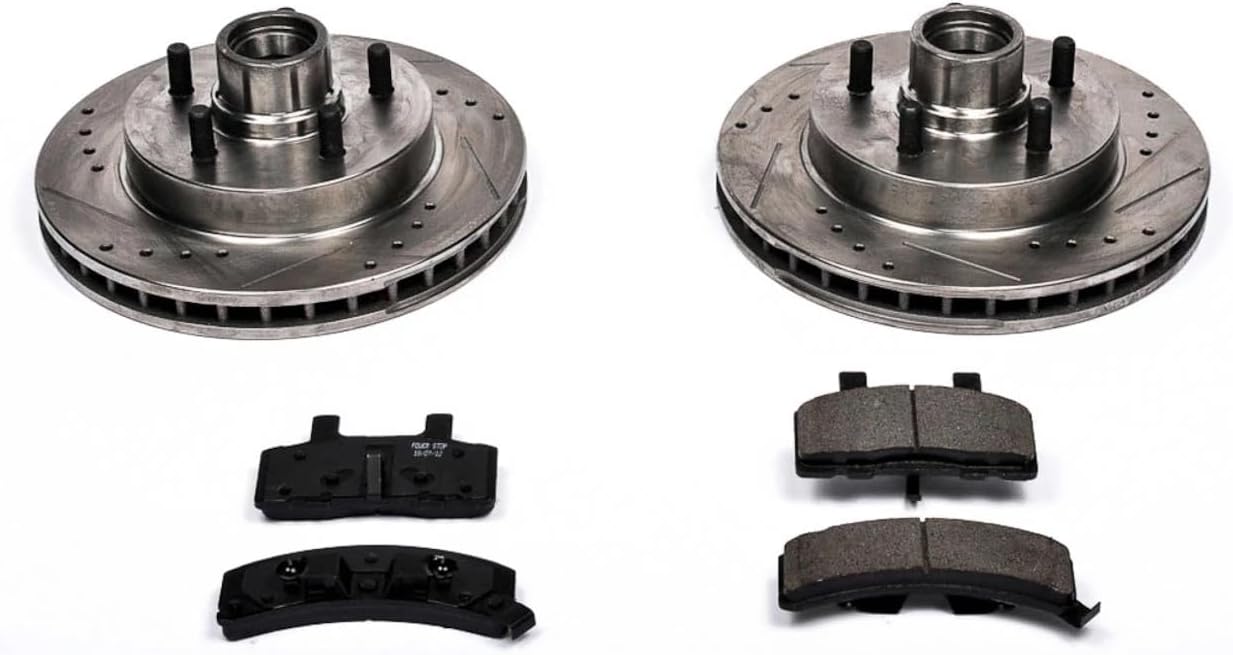 PowerStop Front Brake Kit For Chevrolet C1500 1995-99 |C1500 Suburban 1992-99 |Express 1500 1996-02 |Tahoe 1995-00 - Drilled and Slotted Disc Rotors with Ceramic Brake Pads Replacement, K1990