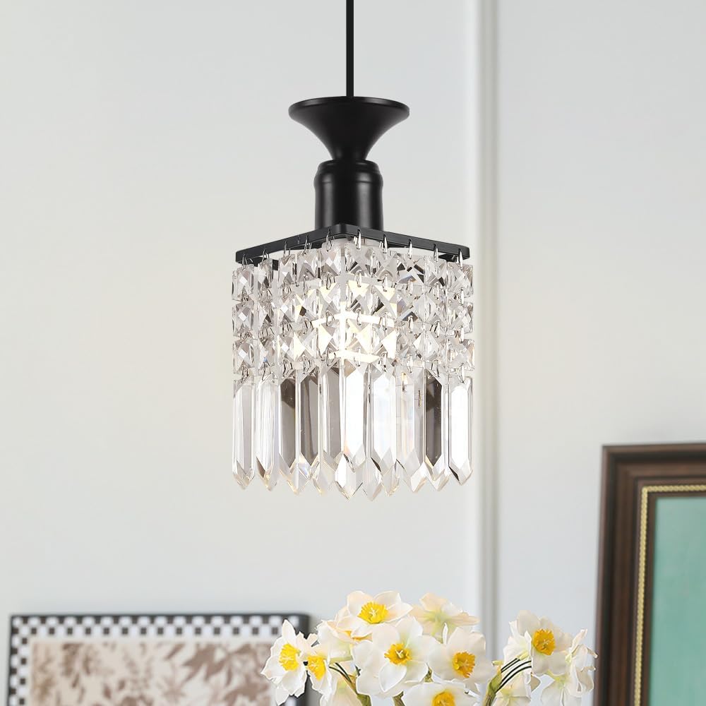 Small Crystal Chandelier/Crystal Pendant Light, Modern Chandelier with Adjustable Height, E26 Socket,Black,for Bedroom Bedside Lamp/Dining Room/Entrance/Study Room/Corridor/Balcony Lighting