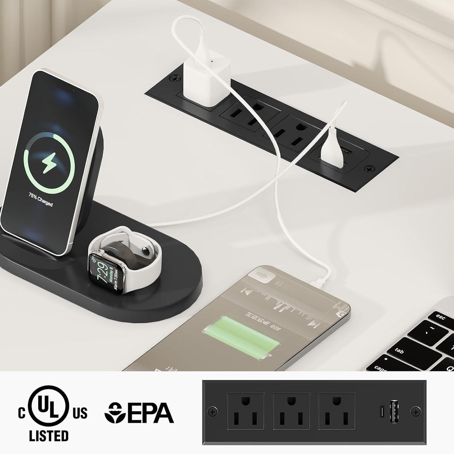 Vabches Farmhouse 47" Executive Desk, Computer Desk with File Drawer and Charging Station, Workstation for Home Office, Study.Cream White