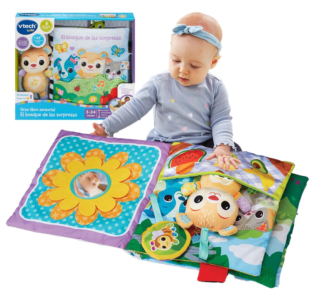 VTech-​Baby Gran Libro sensorial El Bosque de Las sorpresas, Libro Grande de Tela, Interactivo, Elementos Móviles, Canciones y Melodías, Osito Separado, Regalo bebés +​3 Meses, Versión ESP