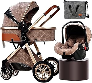 3 in 1 Pram Baby Stroller Car Seat Combo,Adjustable High View Prams and Strollers for Babys,Folding Pushchair Stroller Newborn Carriage with Stroller Mommy Bag (Color : Khaki)