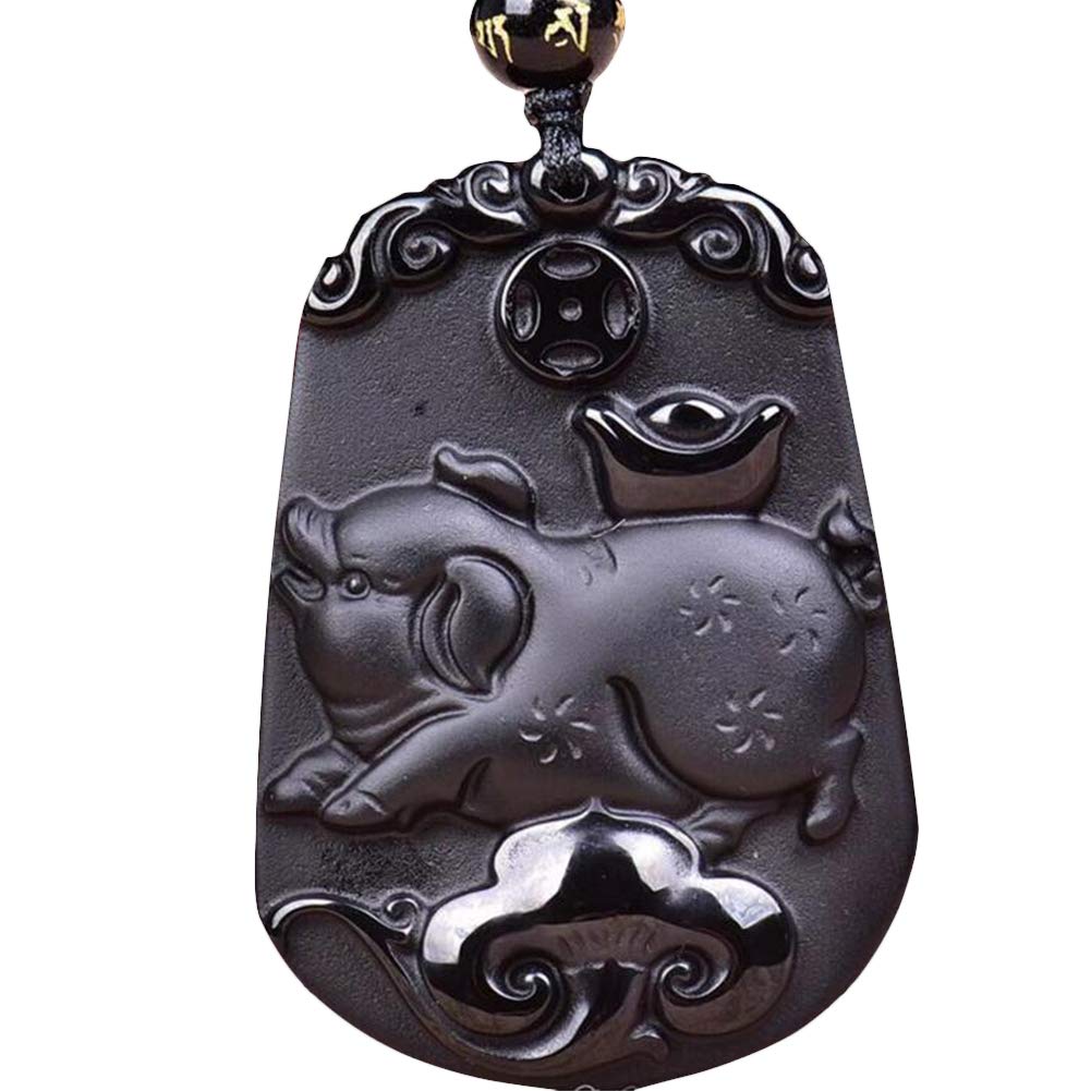 juanxian Feng Shui Natural Obsidian Gemstone Zodiac Zodiac Carving Amulet Pendant Necklace W4015 (Pig，Honorable)