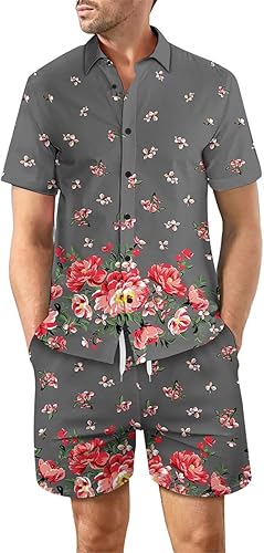 lulshou Mens 2 Piece Short Sets Button up Shirt and Shorts Floral Printed Hawaiian Set Beach Outfit for Men Sports Suit
