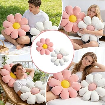 Flower Pillow, 2 Pcs Cute Flower Cushion Floor Pillow, 38 cm Daisy Cushion, Petal Floor Cushions Aesthetic Pillows Room Decor for Bedroom Sofa Chair (White+Pink)