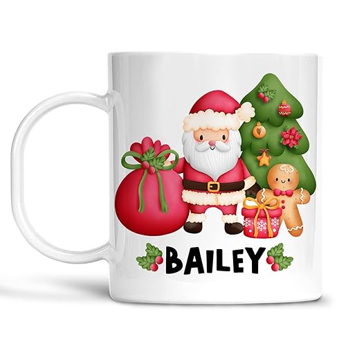 Kids Personalized Santa and Christmas Tree Mug Customized with Child's Name, Lightweight Unbreakable Cup, Microwave Dishwasher Safe, BPA and