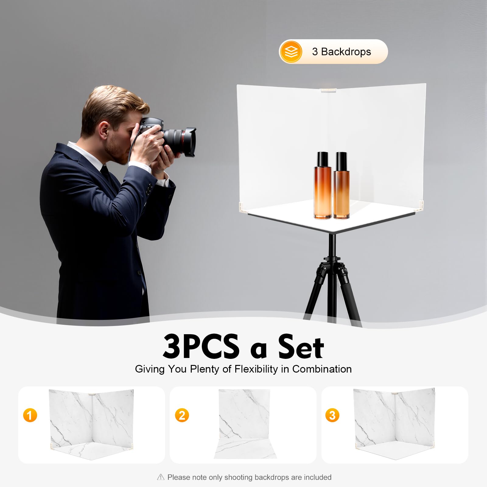 Juego de 3 fondos fotográficos, fondo para fotografía, doble cara, mármol, blanco, mesa de fotografía de productos, combinable con botones de presión para alimentos, cosméticos y joyas