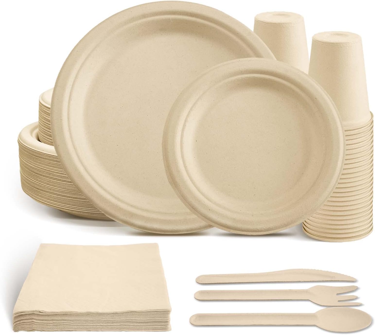 AIRE 175 Pcs Compostable Paper Plates Set, Biodegradable Heavy-Duty Paper Plates with Napkins & Cups, Disposable Bagasse Plate Set Made from Sugarcane Fibers for Party Camping Picnic Home Wedding