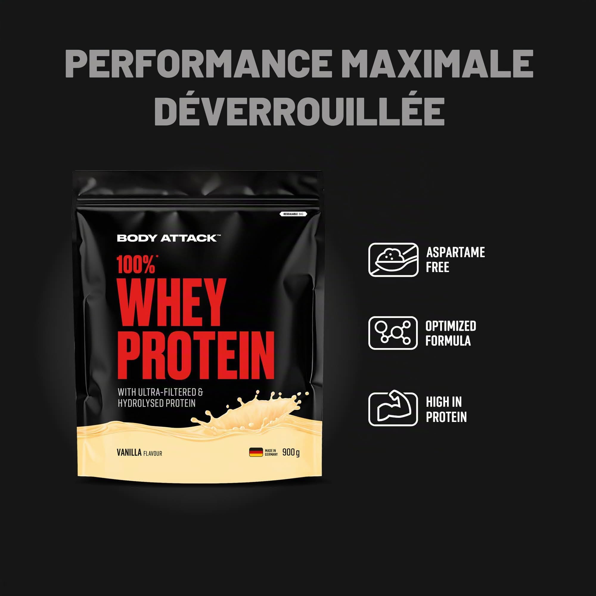Body Attack 100% whey protéine, protéines musculation - protein powder crémeuse avec hydrolysat et BCAA, prise de masse et régimes, pour athlètes et sportifs-Fabriqué en Allemagne-900g Cookies n Cream