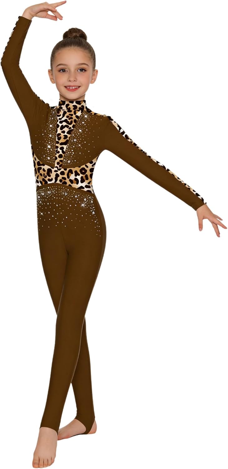 Girls Printed Gymnastics Full Body Leotard Sparkly Rhinestone Mock Neck Figure Skating Unitard for Competitions