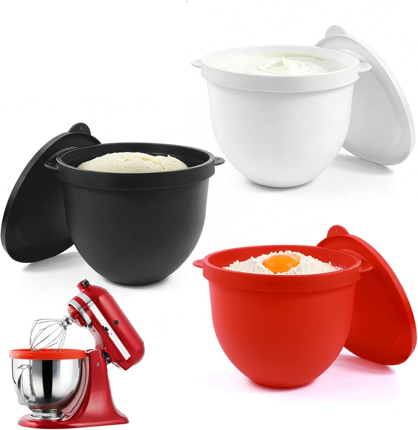 Silicone Bowl Liners for KitchenAid Mixer,Mixing Bowl Insert Replacement for Kitchen Aid 5 QT Mixer Attachments & Accessories, Fits Tilt-Head 5 Qt Stand Mixers, 3 Liners with Lids