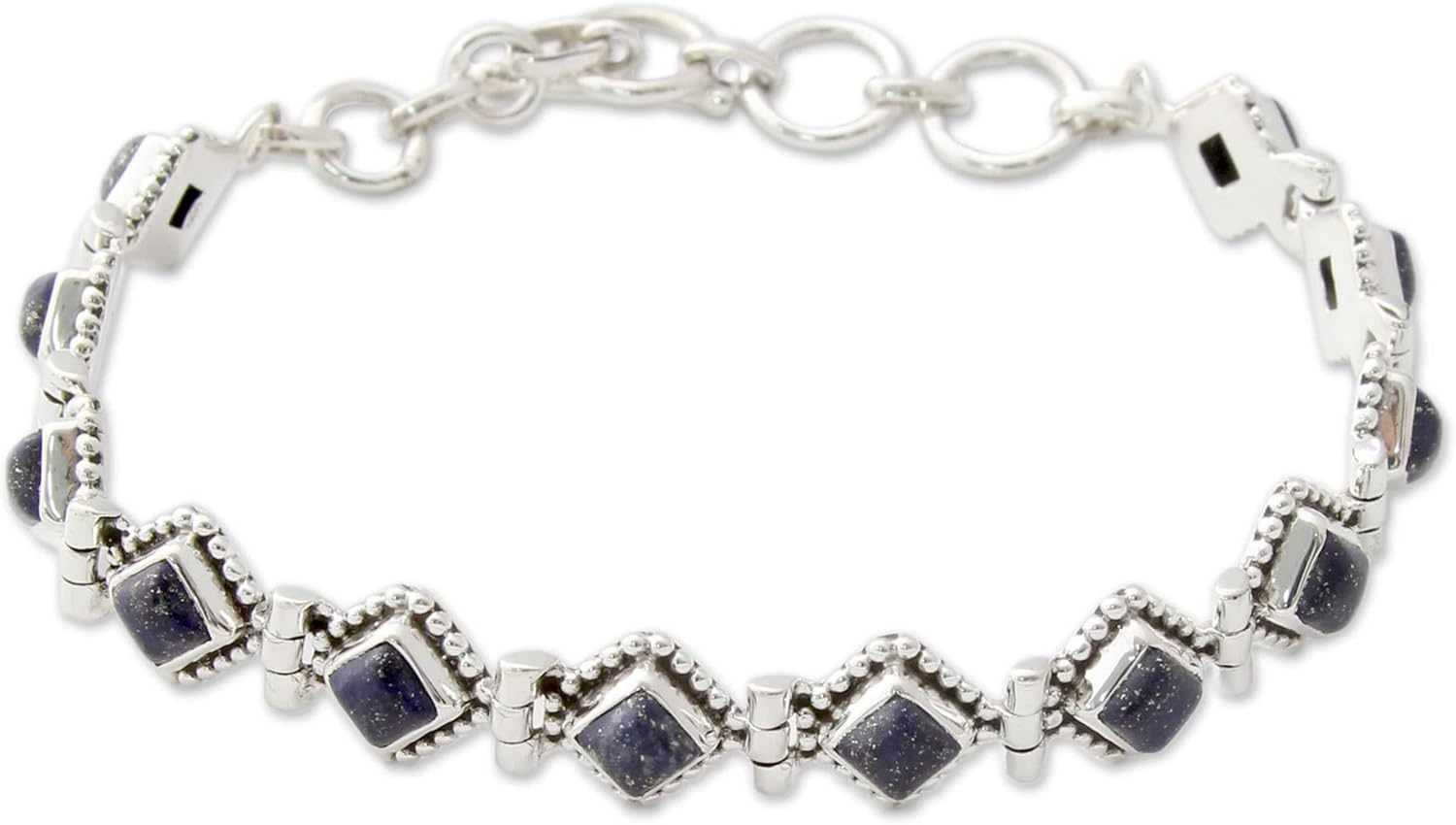 NOVICA Artisan Handmade Lapis Lazuli Tennis Bracelet India Sterling Silver Blue Style Reflecting Pond Snorkel Riverside Birthstone [7.75 in min L x 8.5 in max L x 0.4 in W] ' Deep Blue Diamonds'