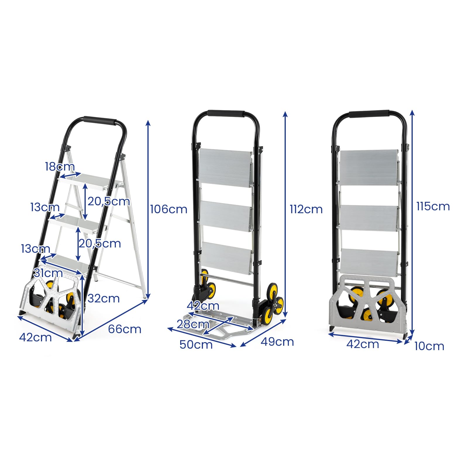 GYMAX Carretilla Plegable, Carro de Transporte Manual y Escalera, de Aluminio con Ruedas de Goma, Pedales Antideslizantes, Ideal para Transporte y Trabajos en Casa, Oficina, Almacén, Carga 250 kg