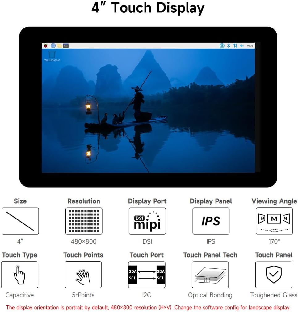 waveshare 4inch Capacitive Touch Display Compatible with Raspberry Pi5/4B/3B+/3A+/CM3+/4 480×80 Resolution DSI Interface IPS Optical Bonding Screen