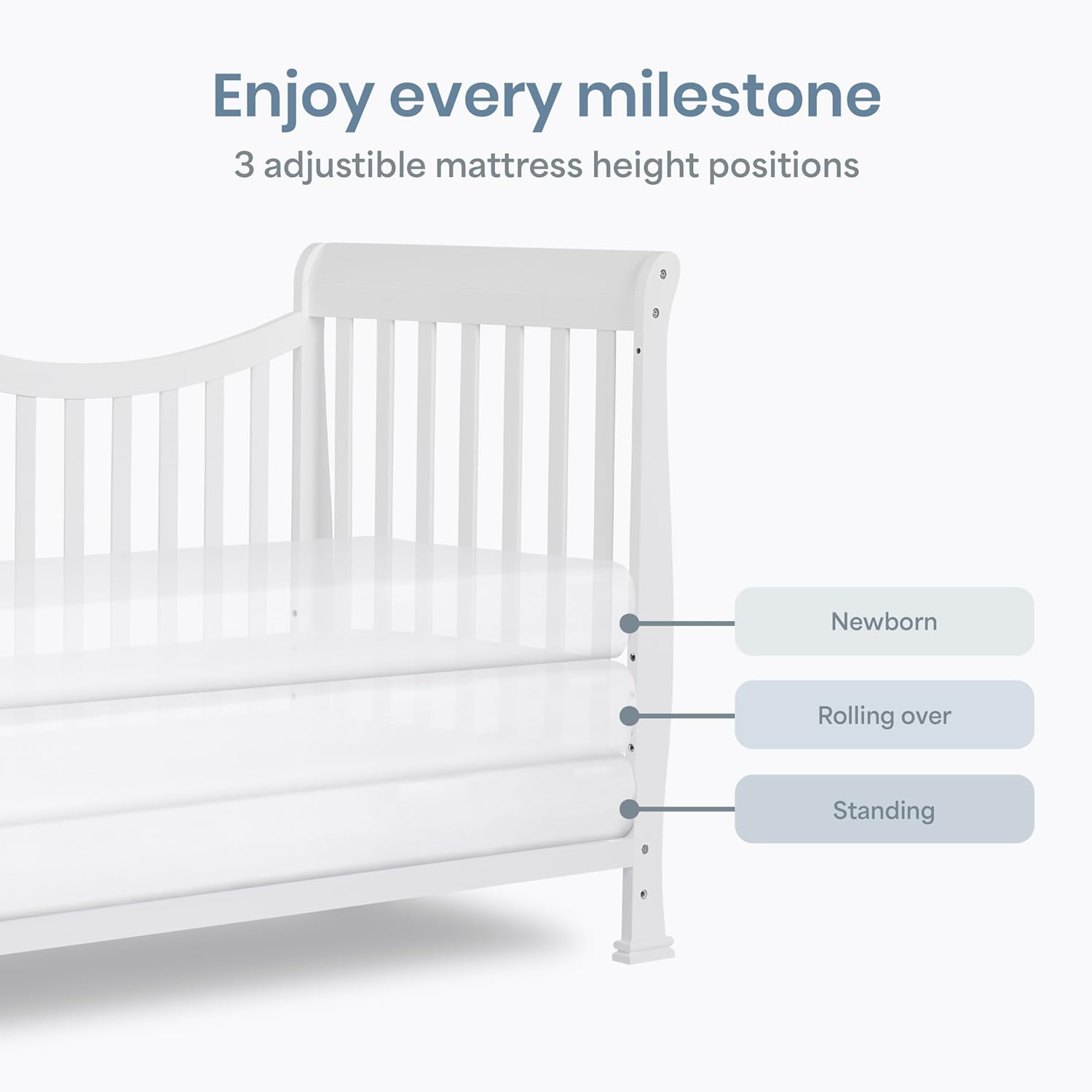 Dream On Me Violet 7-in-1 Convertible Full-Size Baby Crib with Toddler, Day & Full Bed Conversion in White, GreenGuard Gold & BSA, 3 Mattress Heights, Sustainable Pinewoo