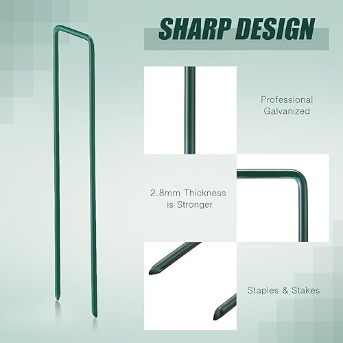 Miniatura 3 de Therwen 100 estacas de jardín verdes de 6 pulgadas galvanizadas, grapas de jardín resistentes, pasadores de paisaje, estacas de césped artificial,