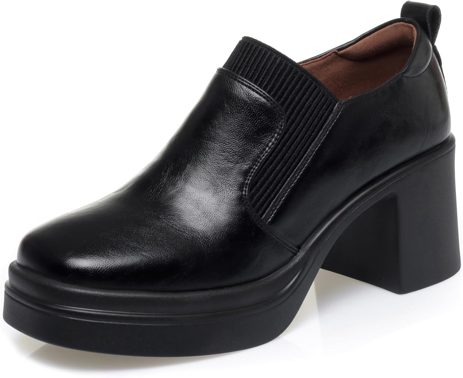 Women's Leather Square Toe Chunky High Heel Loafers Comfortable Slip On Platform Block Heel Pumps Casual Office Business Work Dress Shoes